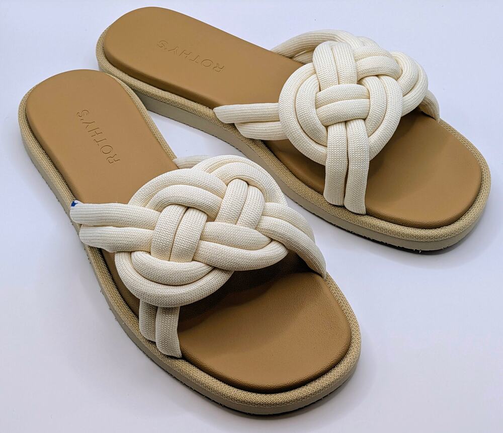 NWOB Rothy's The Summer Sandal White Brown Size 9 Washable Slip On Shoes